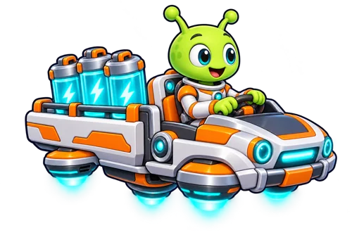 Friendly alien driving an energy delivery cart